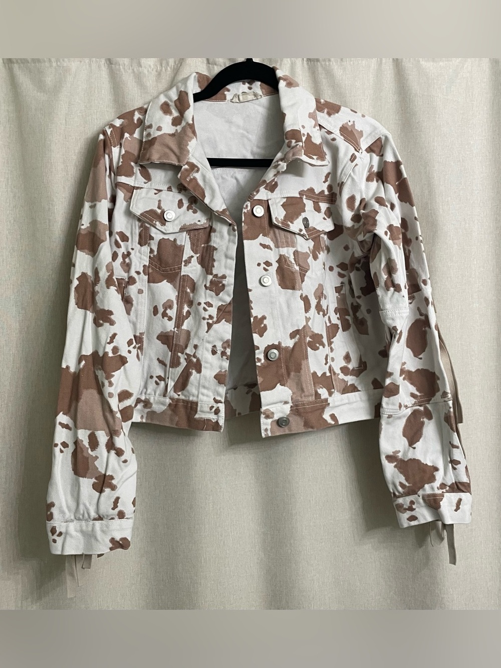 Altar'd State Cow Print Fringe Cropped Denim Jacket Western Boho Size S